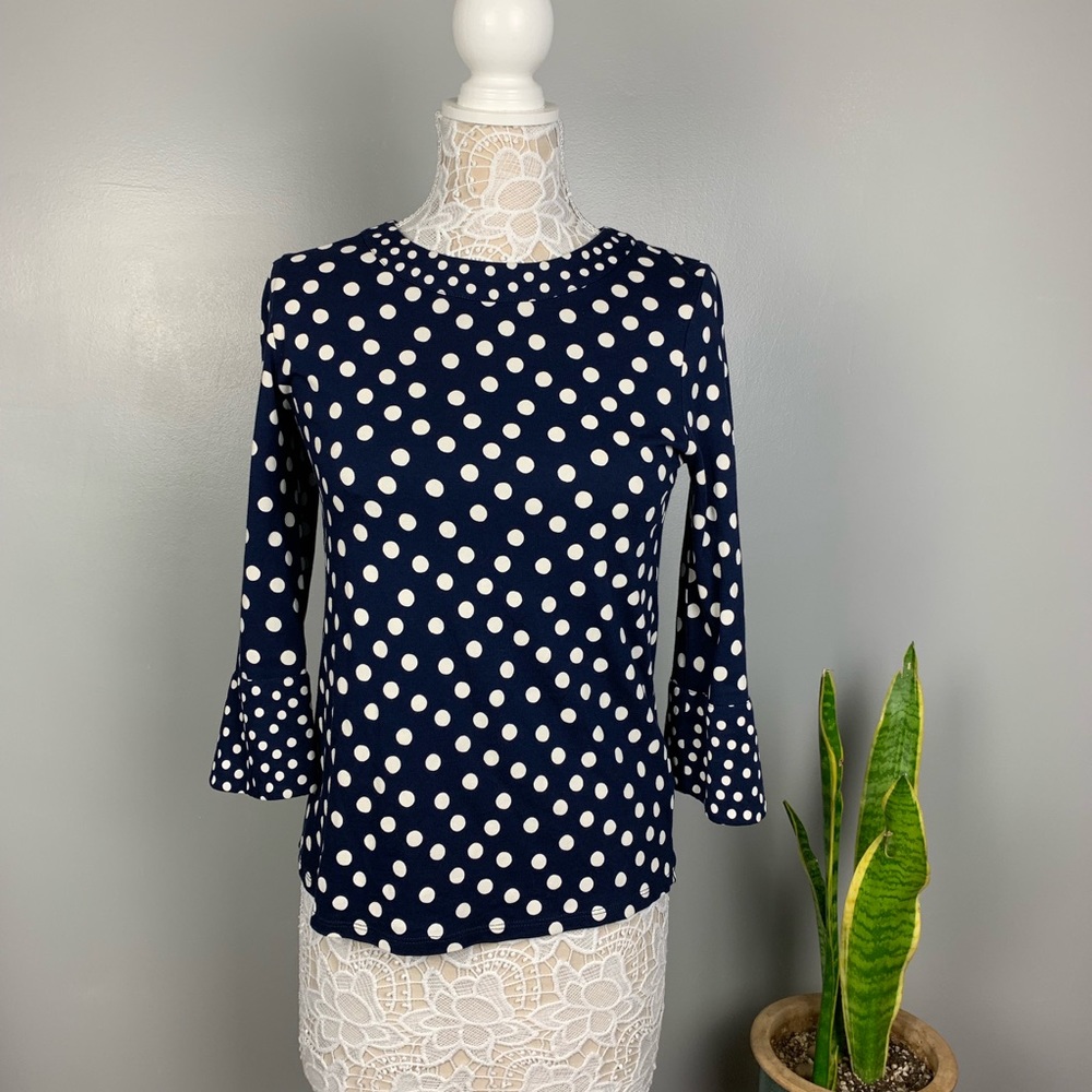 Boden Navy Blue and White Polka Dot Blouse